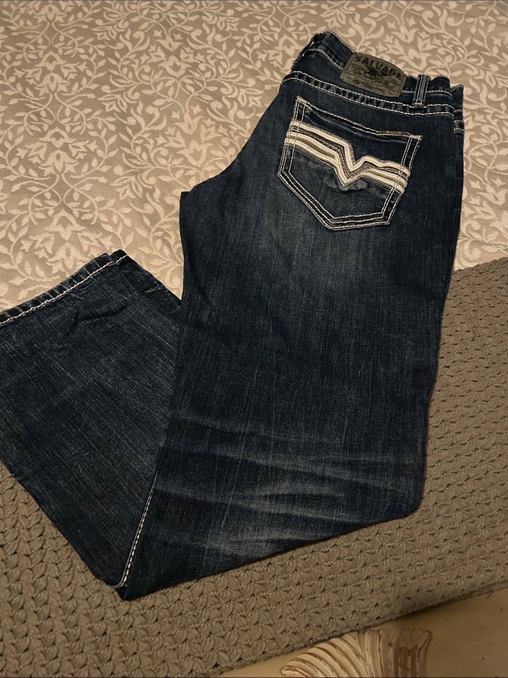 Salvage Men's Dark Blue Bootcut Jeans with White Stitching Detail
